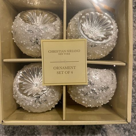 Brand new Christian Siriano ornaments set of 4 . White and silver Christmas Glitter Ornaments, Ornaments For Christmas Tree, White Christmas Ornaments, Ornaments For Christmas, Christmas Glitter, Glitter Ornaments, Gift Bundles, Christian Siriano, Glitter Christmas