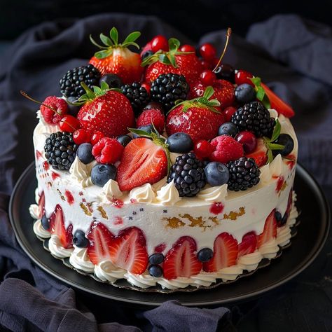 Mixed Berry Layer Cake Ingredients For the Sponge Cake Layers: 2 cups (240g) all-purpose flour 2 teaspoons baking powder 1/2 teaspoon salt 1 cup (230g) unsalted butter, softened 1 1/2 cups (300g) granulated sugar 4 large eggs, at room temperature 2 teaspoons vanilla extract 1 cup (240ml) whole milk, at room temperature For the Berry Compote: 1 cup (150g) mixed berries (strawberries, blueberries, raspberries, blackberries) 1/4 cup (50g) granulated sugar 1 tablespoon lemon juice 1 tablespoon ... Fruit Covered Cake, Strawberry Blueberry Cake, Berry Layer Cake, Cake With Fresh Fruit, Berry Topping, Cake Berries, Dessert Shooters Recipes, Large Cake, Berry Compote