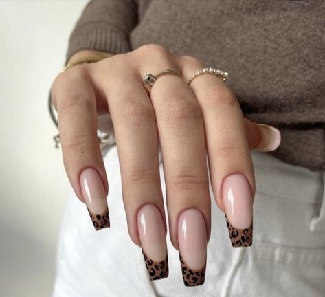 French Nails With Detail, Animal Print French Tip Nails, Leopard Print French Tips, Leopard French Nails, Soft Grunge Nails, Nails Leopard, Leopard Nail Art, Cheetah Print Nails, Acrylic Nail Shapes