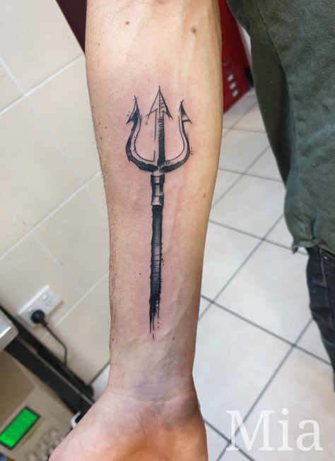 Trident Tattoo For Men Forearm, Trident Spine Tattoo, Posiden Trident Tattoo Design, Small Trident Tattoo Men, Trident Leg Tattoo, Poseidon Trident Tattoo Design, Posiden Trident Tattoo, Trident Tattoo Back, Trident Forearm Tattoo