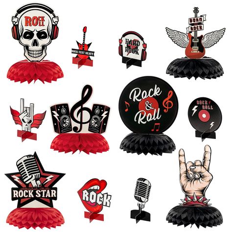 Rock Centerpieces, Music Table Decorations, Rock And Roll Party Decorations, Festa Rock Roll, Music Centerpieces, 40 Rocks, Kids Party Centerpieces, Rock Table, Born To Rock