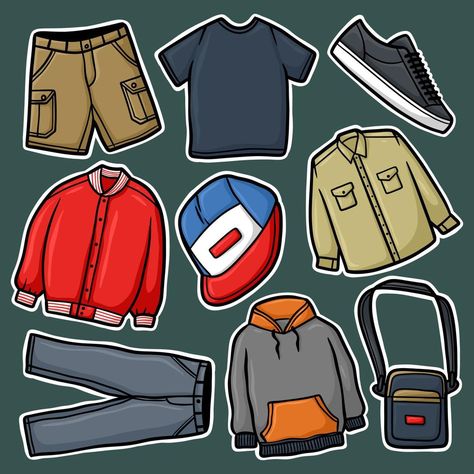 Sticker Set Hand Drawn Men's clothes Cartoon Illustration Cartoon Clothing Drawing, Cartoon Props, Clothes Clipart, Cartoon Clothes, Laundry Art, Character Pumpkins, Halloween Party Poster, Scary Halloween Pumpkins, Pants Drawing