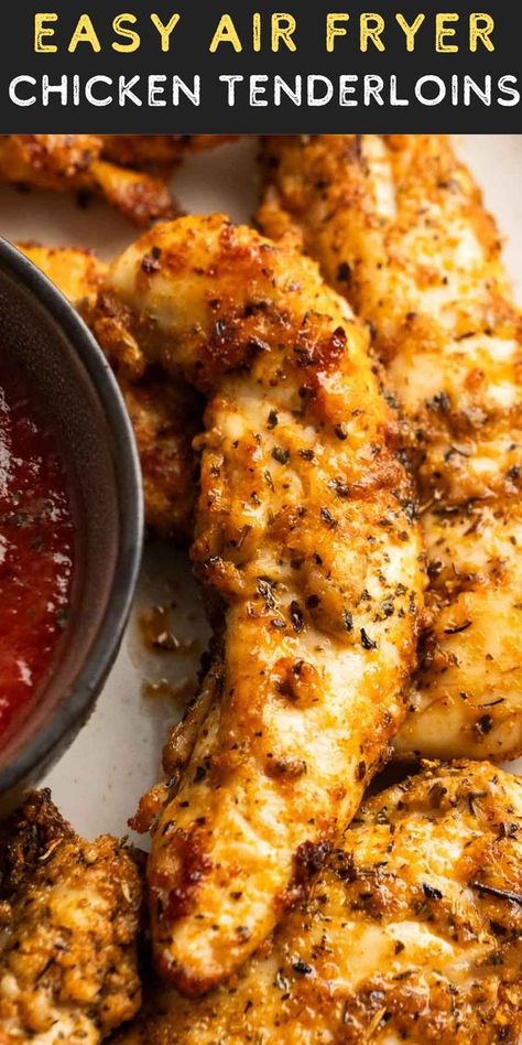 These Air Fryer Chicken Tenderloins are juicy on the inside and have a crispy parmesan crust on the outside! With just 8 minutes of cooking time and barely any prep, you can have a healthy, flavorful meal on the table in no time! Chicken In Air Fryer Time, Chicken Tenderloin Recipes Parmesan, Juicy Chicken Tenderloins In Oven, Chicken Tenderloin Recipes Meal Prep, Air Fryer Chicken And Potatoes Recipes, Airfry Chicken Recipes, Homemade Chicken Strips In Air Fryer, Air Fryer Chicken Breast Tenderloins, Oven Chicken Tenderloins