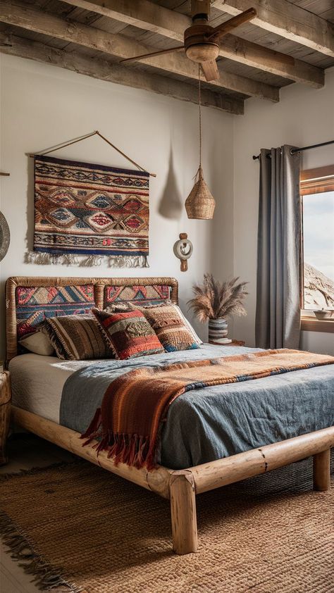 29 Boho Bedroom Bed Ideas 6 Navajo Bedroom, Bedroom Bed Ideas, India Inspired Bedroom, Boho Bedroom Bed, Stylish Small Bedroom, Dark Boho Bedroom, Bed Nook, Cozy Fall Bedroom, Minimalist Bed