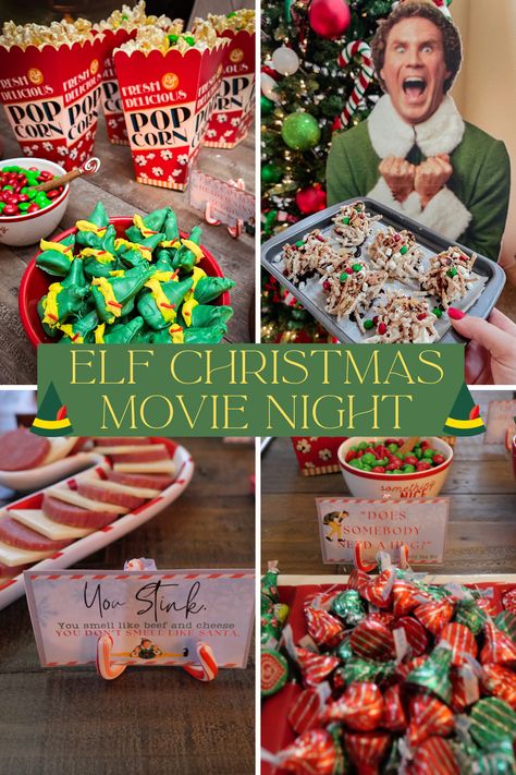 Christmas movie night party Natal, Buddy Elf Party Ideas, Elf Themed Breakfast, Elf Viewing Party, Christmas Kids Movie Night, Elf Movie Night Free Printable, Elf Christmas Movie Night, Christmas Elf Party, Elf Movie Themed Party