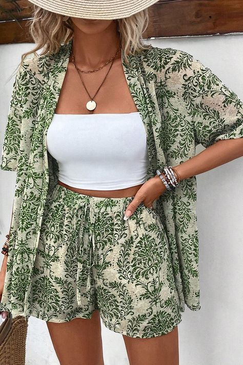 $7.75 Green Vintage Floral Print Open Top and Shorts Outfit Wholesale Open Front Top, Groovy Shirt, Two Piece Short Set, Romper And Jacket, Floral Print Design, Boho Chic Outfits, Shorts Outfit, Versatile Outfits, Vintage Floral Print