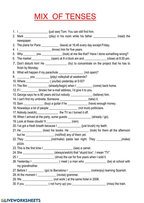 Mix Grammar Worksheet, Grammar Tenses Worksheets, Grammar Test Worksheets, All Tenses Worksheet, Tenses English Grammar Worksheets, Grammar Worksheets High School, Tenses English Grammar, Tenses Worksheet, Best Youtube Channels