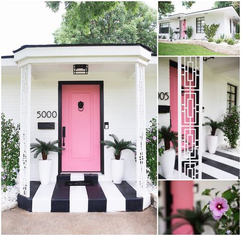 Paige's Palm Springs Inspired Patio - Style Duplicated Boho Front Porch Decor, Boho Front Porch, Pink Front Door, Lion Door Knocker, Welcome To My House, Pink Door, Patio Style, Casa Exterior, Front Porch Decorating