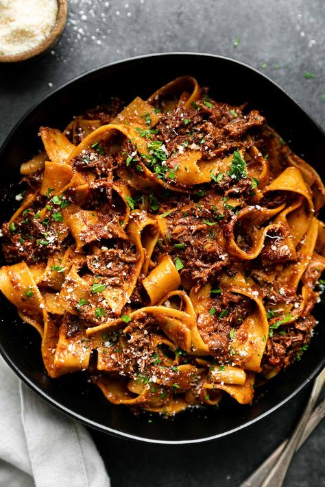 Slowly Braised Short Rib Ragu (Slow Cooker, Instant Pot-friendly) Braised Short Rib Ragu, Pappardelle Pasta Recipe, Short Rib Ragu, Pasta With Meat, Short Rib Recipes, Italian Tomatoes, Ragu Sauce, Beef Short Rib Recipes, Beef Ragu