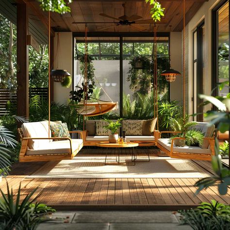 Retro-Inspired Simple Porch Design for Mid-Century Modern Homes • 333+ Art Images Mid Century Modern Tropical House, Patio Mid Century Modern, Mid Century Modern Terrace, Mid Century Zen, Mid Century Modern Porch Decor, Mid Century Pool Area, Terrace Ideas Modern, Modern Enclosed Porch, Greek Inspired Home