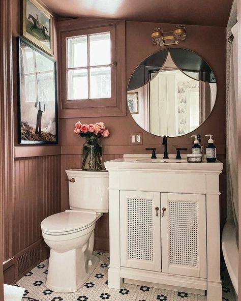 Old Home Bathroom Remodel, Small Bathroom With Wainscotting, Bold Small Bathroom, Bathroom Small Ideas, Colorful Small Bathroom, Bathrooms 2024, Victorian Bathroom Accessories, Small Half Bath, Small Full Bathroom