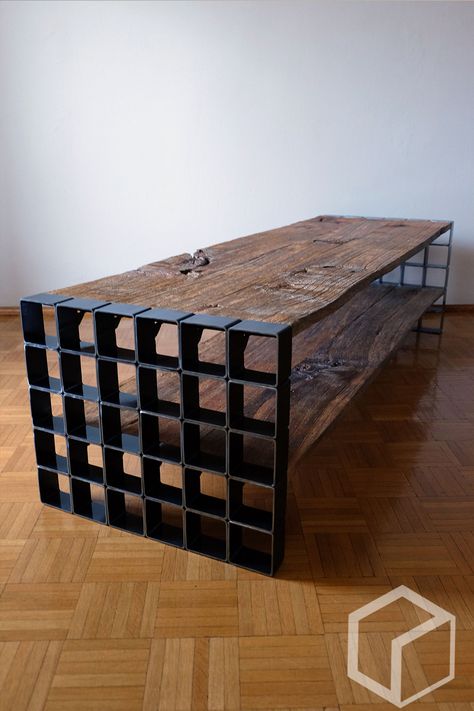 Old wood connected with steel slices frame changed into rustical TV/RTV table. Handmade by polowczykd@gmail.com Meja Industrial, Metal And Wood Bench, Iron Furniture Design, Steel Furniture Design, Welded Furniture, Furniture Details Design, Industrial Design Furniture, Metal Furniture Design, Table Handmade