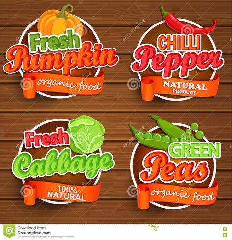 Organic Food Labels, Leaf Logo Design, Wood Logo, Food Label, Chilli Pepper, Leaf Logo, Green Peas, Organic Food, Wooden Background