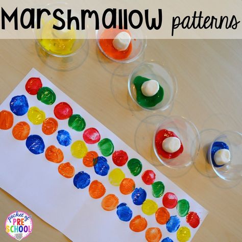 Camping themed math: marshmallow patterns! Patterning Kindergarten, Camping Preschool, Camping Theme Preschool, Math Preschool, Preschool Patterns, Math Patterns, Pattern Activities, Summer Preschool, Activities For Preschool