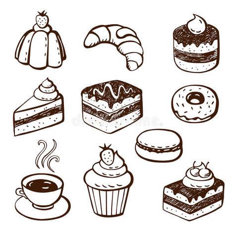 Bakery Doodles, Desserts Illustration, Cupcake Vintage, Doodle Cake, Doodle Illustrations, Bakery Icon, Desserts Drawing, Baked Desserts, Vintage Cupcake