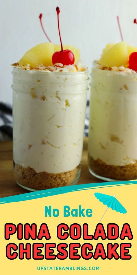 Pina Colada Cheesecake, Colada Drinks, Becoming Famous, Rich Cheesecake, Mason Jar Desserts, Pineapple And Coconut, Coconut Cheesecake, Coconut Desserts, Tasty Dessert