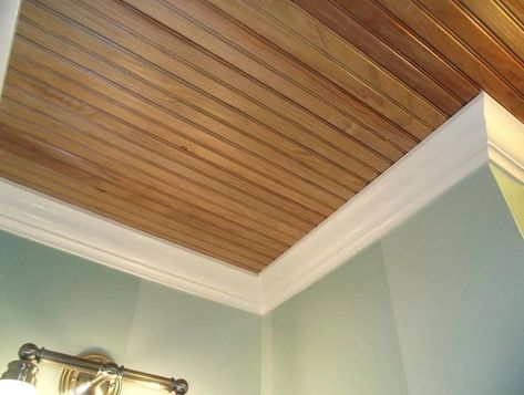 Ceiling Home Design, Tongue And Groove Bathroom, Wood Planks For Walls, Tongue Groove Ceiling, Ceiling Molding, Groove Ceiling, Small Basement Bathroom, Lake Kitchen, Basement Bathroom Design