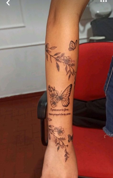 Tattoos That Go With Butterflies, Vine And Butterfly Tattoos For Women, Lotus Flower Wrap Around Arm Tattoo, Hibiscus Butterfly Tattoo, Butterfly With Vines Tattoo, Butterfly Tattoo With Vines, Butterfly Tattoos For Women Arm, Quad Tattoos Women, Tattoos Wrapped Around Arm