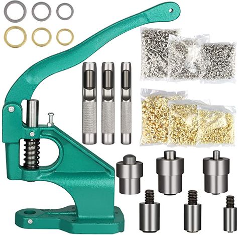 Amazon.com: PIAOPIAONIU Hand Press Grommet Eyelet Machine Hole Punch Tool Kit Including Grommet Machine,3 Dies and 2400Pcs Golden & Sliver Grommets 3 PCS Installation Tools for Banner,Sign,Awning,Poster,Curtain: Home & Kitchen Grommet Machine, Hand Tool Kit, Punch Tool, Sewing Crafts Tutorials, Leather Diy Crafts, Household Tools, Leather Workshop, Money Making Hacks, Sewing Tutorials Free