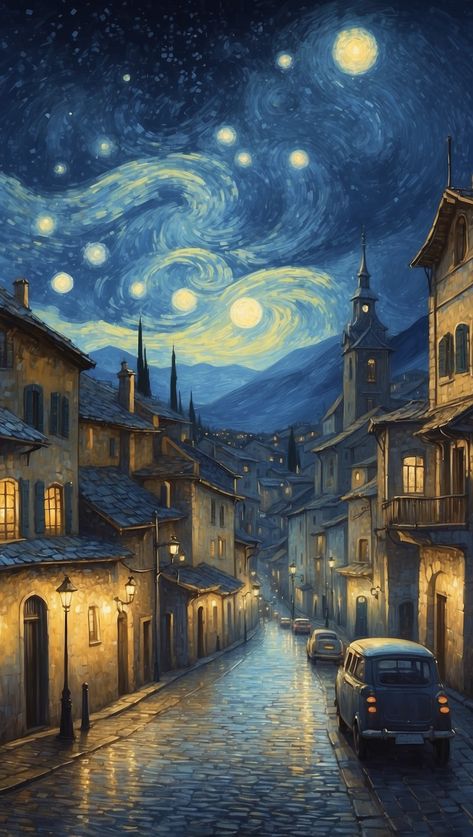 Sky Night Painting, Sky Illustration Art, Starry Night Aesthetic, Quaint Homes, Start Night, Vintage Town, Blue Vibes, Nostalgic Aesthetic, Gif Wallpaper