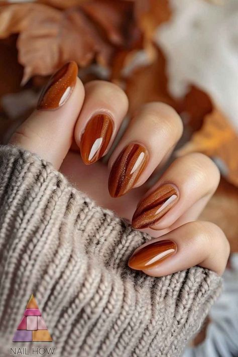 Spring To Fall Nails, Fall Nails Multi Colored, Almost Fall Nails, Transitional Fall Nails, Short Almond Nails Fall Colors, Fall Glazed Donut Nails, Almond Gel Nails Fall, Fall Bridesmaid Nails, Fall Minimalist Nails