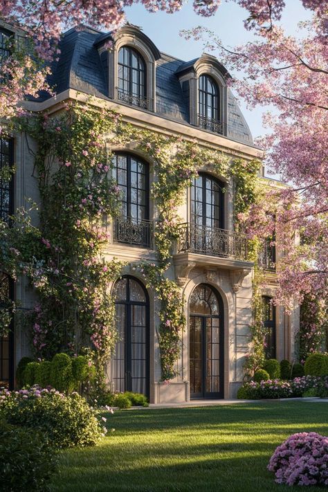 Modern french mansion with facade overgrown with flower vines cherry blossom trees in the yard. Let’s reveal the charming features, quirky details, and luxurious elegance of French mansions. English Style Architecture, House With Catwalk, Old Money Mansions, House In France, Pretty Mansions, French Country Style Homes Exterior, French Colonial Architecture, French Architecture Aesthetic, French Homes