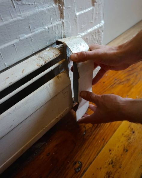 Metal Baseboard, Heater Cover Diy, How To Paint Metal, Baseboard Radiator, Heater Covers, Baseboard Heater Covers, Electric Baseboard Heaters, Painting Tricks, Heat Registers