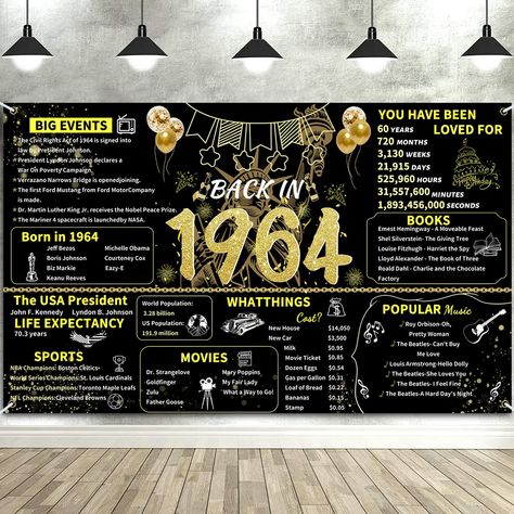 PRICES MAY VARY. 【Review 1964 Amazing Journey】 Take a look back in 1964, This black gold 60 birthday banner makes a great conversation starter! The Back to 1964 themed banner is exquisitely designed and fun, great gift or decoration for 60th birthday party, 60th wedding anniversary or 1964 class reunion. 【Large Size】 Happy 60th birthday banner backup decorations. The banner is 180 x 110 cm/ 70.8 x43.3 inches. big enough to decorate your 60th birthday theme party and make your birthday party more 70th Birthday Banner, 40th Birthday Themes, 40th Birthday Banner, 90th Birthday Decorations, Birthday Decorations For Women, 80th Birthday Decorations, 70th Birthday Decorations, Men Back, 60th Birthday Decorations