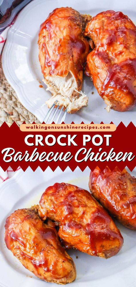 Want an easy meal with chicken? This Barbecue Chicken in the Crockpot is made with just a few simple ingredients! The chicken is tender, juicy, and cooked to perfection! It makes the best weeknight dinner recipe for the family! Easy Crockpot Chicken Recipes Bbq, Easy Chicken Crock Pot Meal, Slow Cook Bbq Chicken, Boiled Bbq Chicken, Slower Cooker Chicken Breast Recipes, Bbq Chicken Breast Crockpot, Chicken Breast Recipes Crockpot Easy, Crock Pot Bbq Chicken Breast, Barbecue Chicken In Crockpot