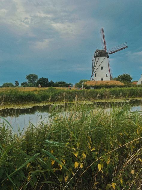 #windmill #flowers #river #biking #picnic #belgium #bruges #aesthetic Windmills Aesthetic, Windmill Aesthetic, Belgium Bruges, Western Europe, Summer Break, Nature Aesthetic, Genshin Impact, Belgium, Collage