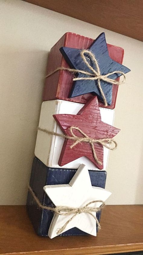 Patriotic Blocks Diy, Fourth Of July Decor Diy, Dollar Tree Fourth Of July Decorations, 4th Of July Wood Decor, Diy 4th Of July Decor, Spring Wooden Crafts, Diy Wood Crafts To Sell, 4th Of July Wood Crafts, Wooden Blocks Decor Craft Ideas