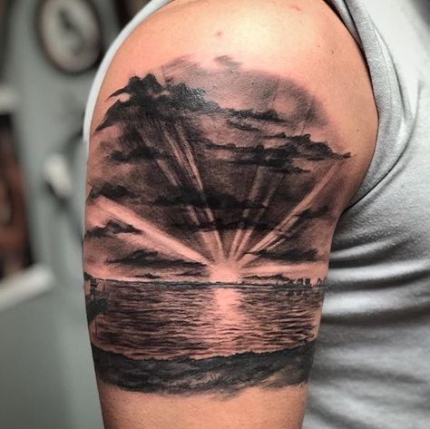 Black And Grey Sunset Tattoo, Lake Related Tattoos, Sunset And Beach Tattoo, Tattoo Ideas Landscape, Lake Tattoo Sleeve, Beach Sunset Tattoo Design, Lake Life Tattoo Ideas, Lake Tattoo For Women, Sunrise Beach Tattoo