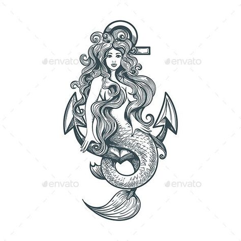 Mermaid on Anchor Tattoo in Retro Style Mermaid Tattoos For Men Ideas, Mermaid On Anchor Tattoo, Mermaid And Anchor Tattoo, Mermaid Tattoo For Men, Pirate Mermaid Tattoo, Mermaid On Anchor, Animation Website Design, Mermaid Anchor Tattoo, Full Tattoo Sleeve