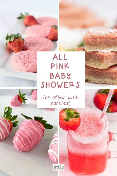 Essen, Diy Pink Desserts, Pink Shower Food Ideas, Pink And White Food Ideas, Pink Finger Foods For Party, Easy Pink Foods For Party, Pink Brunch Food Ideas, Pink Color Food Ideas, Baby Shower Sweets Table Girl