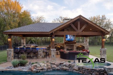 Texas Outdoor Oasis provides homeowners with custom pools, patio covers, landscaping & outdoor kitchens. Perfect Outdoor Living Room Covered Patio Design, Outdoor Covered Patio, Pool House Designs, Outdoor Patio Designs, Outdoor Pavilion, Backyard Fireplace, Backyard Gazebo, Backyard Pavilion, Outdoor Living Rooms