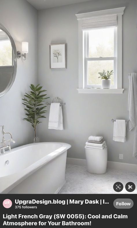 Light Gray Bathroom Ideas, Bathroom Paint Inspiration, Light And Bright Bathroom, Light Gray Bathroom, Calming Bathroom Colors, Light Gray Paint Colors, Spa Bathroom Colors, Light Grey Bathroom, Calm Bathroom