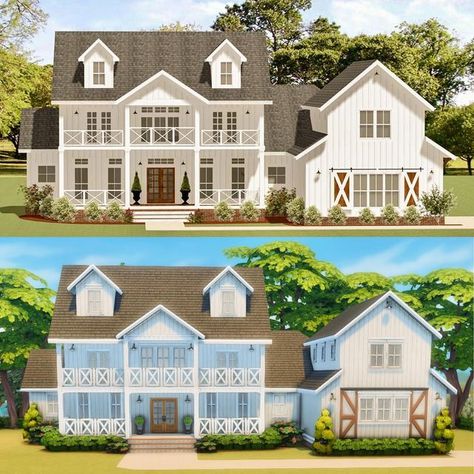 New House Build, Farmhouse Build, Narrow Lot House Plans, Architecture Nature, Sims Free Play, Sims 4 House Building, Cottage Farm, Suburban House, Sims 4 House Design