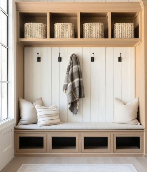 BUILT-IN STORAGE CLOSET CONCEPT. FEELS TO FARMHOUSE BUT CLIENT LIKED IDEA OF MIXED FINISHES, INTEGRATED BENCH AND BASKETS FOR SHOES. Small Mudroom Ideas, Mudroom Remodel, Mud Room Entry, Entryway Closet, Mudroom Lockers, Mudroom Entryway, Mudroom Decor, Mud Room Storage, Mudroom Design