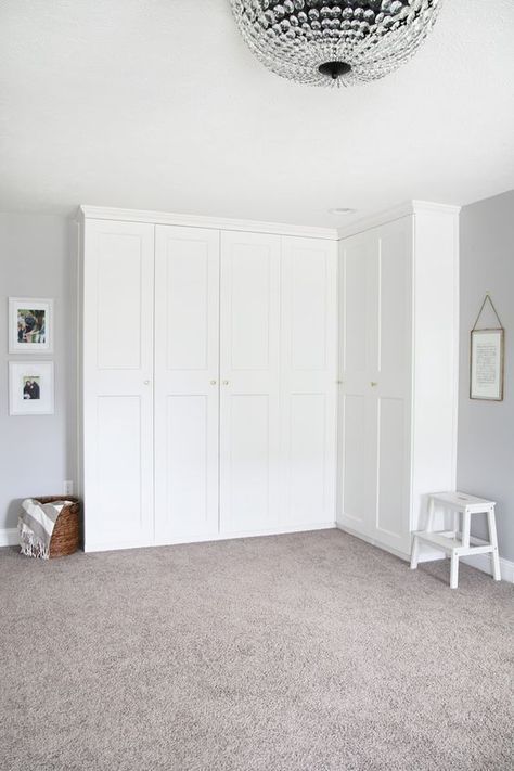 This super helpful post talks about IKEA's 3 best storage systems-- ALGOT, BESTA, and PAX-- and gives great ideas for using them in your home! | IKEA BESTA storage system, modular storage system, IKEA ALGOT closet system, custom closet system, IKEA PAX wardrobe system, DIY wardrobe, IKEA hack, how to plan for and install IKEA storage systems, built in storage unit for home office made with IKEA PAX wardrobe system and custom trim work, GRIMO doors Ikea Floor To Ceiling Storage, Pax Office, Ikea Wardrobe Closet, Algot Ikea, Wardrobe Layout, Pax Corner Wardrobe, Open Closets, Ikea Bedroom Storage, Ikea Algot