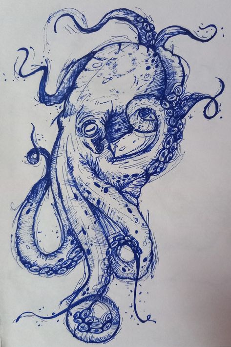 Blue Ink Drawing Sketch, Octopus Ink Drawing, Octopus Pen Drawing, Ocean Pen Drawing, Pen Drawing Blue, Blue Pencil Drawing, Biro Pen Art, Biro Drawing Sketches, Pen Shading Drawings