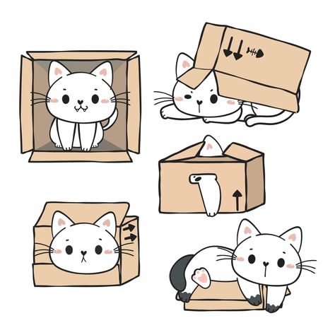 cute funny playful white kitty cat in cardboard boxes collection, adorable cartoon cat pet animal hand drawn vector Doodle Box, Drawing Exercises, Adorable Cartoon, Cat Box, Hand Drawn Vector, Cats Illustration, Bullet Journal Doodles, Cat Pet, Journal Doodles