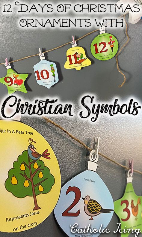 All 12 days of Christmas from the song have a Christian meaning behind them. These printable 12 days of Christmas ornaments have the Christian symbolizations right on the ornament. You can either print these in color or you can color them yourself. Such a great project for the Christmas season! #12daysofchristmas #catholicchristmas #christianchristmas #twelvedaysofchristmas #liturgicalliving #christmasseason #christmasfeastdays 12 Days Of Christmas Christian Meaning, Christian 12 Days Of Christmas, 5 Gold Rings 12 Days Of Christmas, Twelve Days Of Christmas Ornaments, 12 Days Of Christmas Decorating Ideas, 12 Days Of Christmas Ornaments Diy, Christmas Symbols And Meanings, Christmas Liturgy, Christian Christmas Symbols