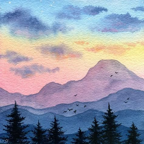 Digital Watercolor Landscape, Watercolor Scenery Nature, Landscape Paintings With Water Colours, Mountain Drawing Watercolor, Watercolor Landscape Paintings Mountains, Watercolor Art Nature Simple, Watercolor Colorado Mountains, Paint Scenery Easy, Easy Forest Watercolor