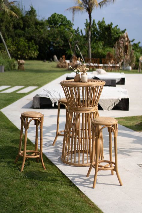 Rattan Cocktail Table, Rattan Wedding, Wedding Cocktail Tables, Cocktail Table Decor, Vietnam Wedding, Beachy Wedding, Cocktail Hour Wedding, Wedding Lounge, Outdoor Wedding Inspiration