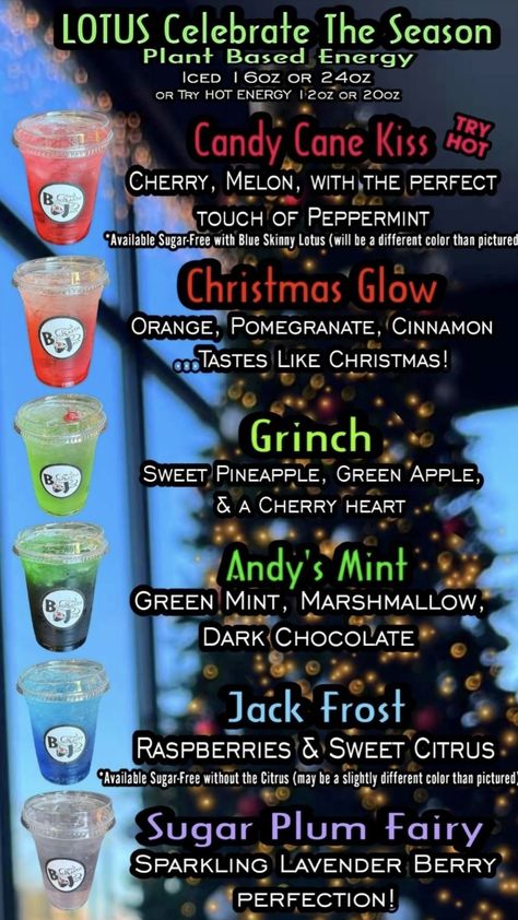 Tiki Breeze Energy Recipes, November Lotus Drinks, Holiday Lotus Drinks, Energy Drink Flavor Combinations, Christmas Dirty Soda, Loaded Tea Flavors, Purple Lotus Energy Drink Recipes, Fall Lotus Drinks, Winter Lotus Drinks