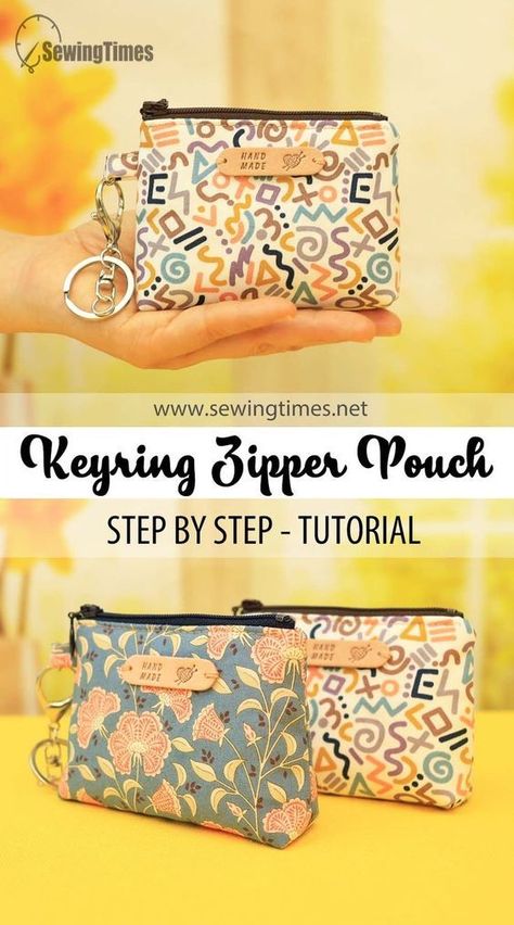 DIY Keyring Zipper Pouch | Cute Coin Purse Tutorial - Sewing Gifts Idea [sewingtimes] Zippered Pouch Tutorial Free Pattern Coin Purses, Sew Coin Purse Zipper Pouch, Diy Small Bag Zipper Pouch, Zippered Coin Purse Pattern, Coin Purse Diy Sewing Projects, Small Coin Pouch Sewing Pattern, Sew Small Zipper Pouch, Small Zipper Pouch Pattern Free Sewing, Easy Sew Coin Purse