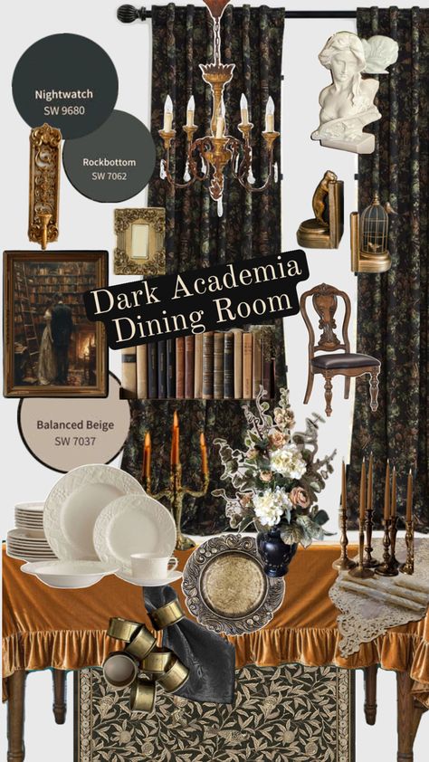 Academia Dining Room, Dark Academia Dining Room, Old English Home, Gothic Dining Room, Dark Dining Room, Crazy House, Dark Academia Decor, Vintage Dining Room, Barbie Dream House