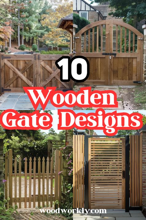 Looking for wooden gate designs? Discover stylish and functional gate ideas to enhance your property's curb appeal. Read the full article for inspiration and expert tips! #Woodworking #WoodenGates #HomeImprovement #DIYProjects #ExteriorDesign Entry Gates Wood, Double Gate Ideas Wood Fences, Small Wooden Gates Ideas, Fence Gate Ideas Metal And Wood, Diy Wooden Garden Gate, Entry Fence Ideas, Decorative Gate Ideas, Wood Gates Ideas Entrance, Diy Fence Gate Ideas