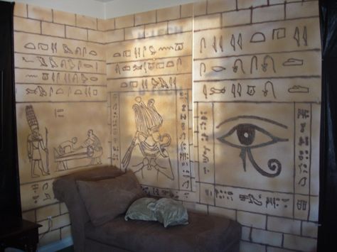 Finished the walls for our Egyptian theme this year.  The partitions are made out of 3/4" styrofoam with the hieroglyphs burned in and then ... Egypt Vbs Decorations, Egyptian Prom, Egypt Decorations, Egyptian Themed Party, Egypt Vbs, Egyptian Halloween, Ancient Egypt Projects, Egyptian Home Decor, Egyptian Drawings