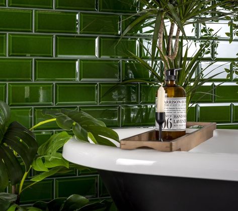 Victorian Green Metro Tiles, Walls and Floors Green Metro Tiles, Green Tile Bathroom, Victorian Green, White Wall Tiles, Victorian Tiles, Metro Tiles, Downstairs Toilet, Bathroom Wall Tile, Green Tile